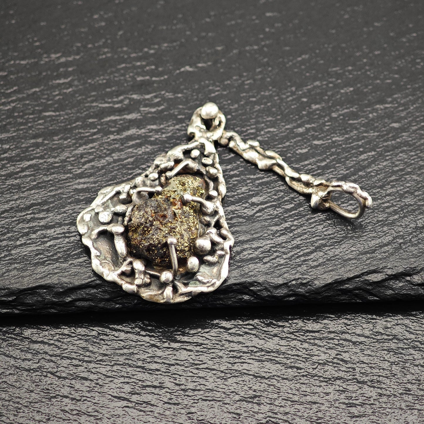 Vintage Sterling Silver Druzy Pendant Unique Brutalist Design