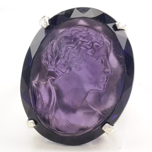 Vintage Ciner Silver Ring Amethyst Cameo Carved Size 7 3/4