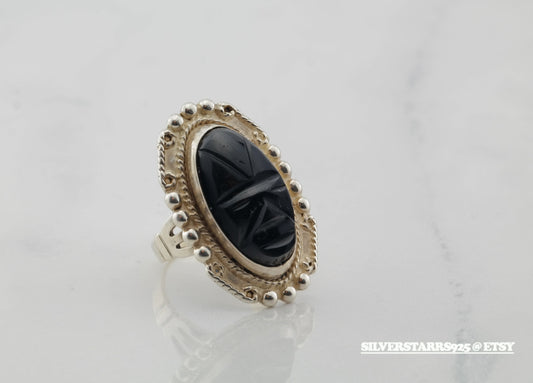 Sterling Silver Ring Obsidian Black Size 6.5