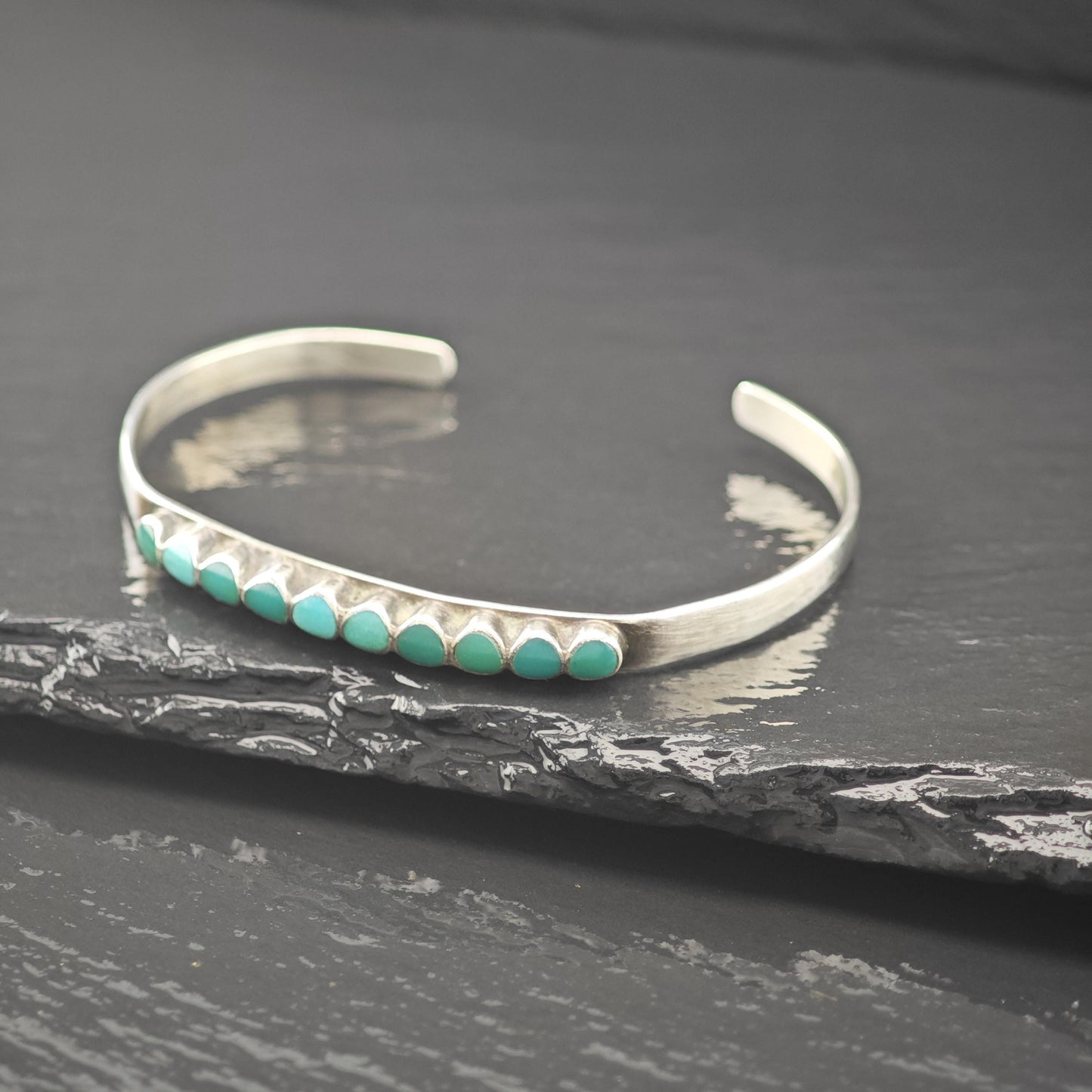 Native American Green Turquoise Inlay Cluster Cuff Bracelet Sterling Silver