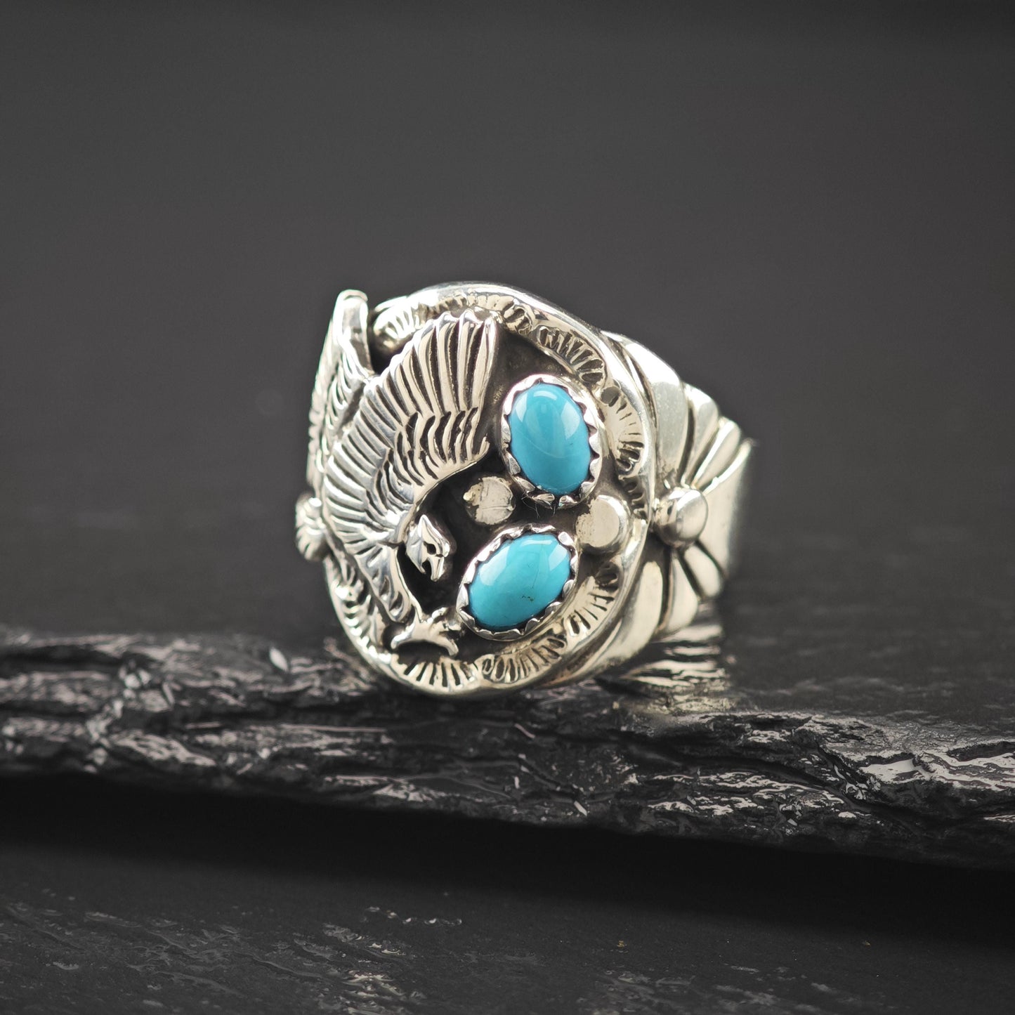 Native American Eagle Block Turquoise Ring Sterling Silver