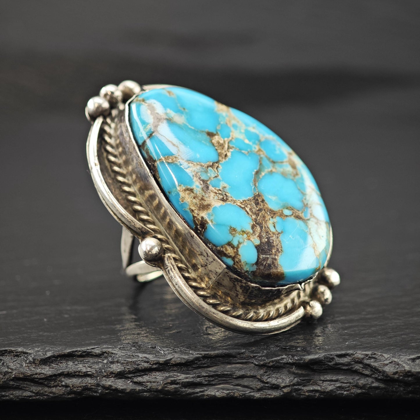 Southwest Large Spiderweb Turquoise Ring Sterling Silver Sz 9 1/4 R6034