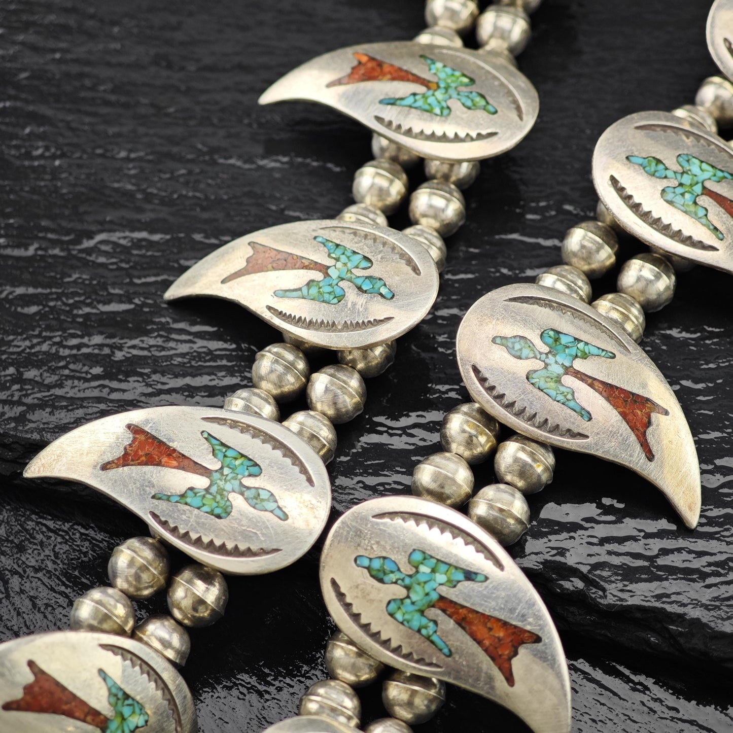 Navajo Turquoise Coral Chip Inlay Peyote Bird Squash Blossom Necklace Sterling Silver N2662