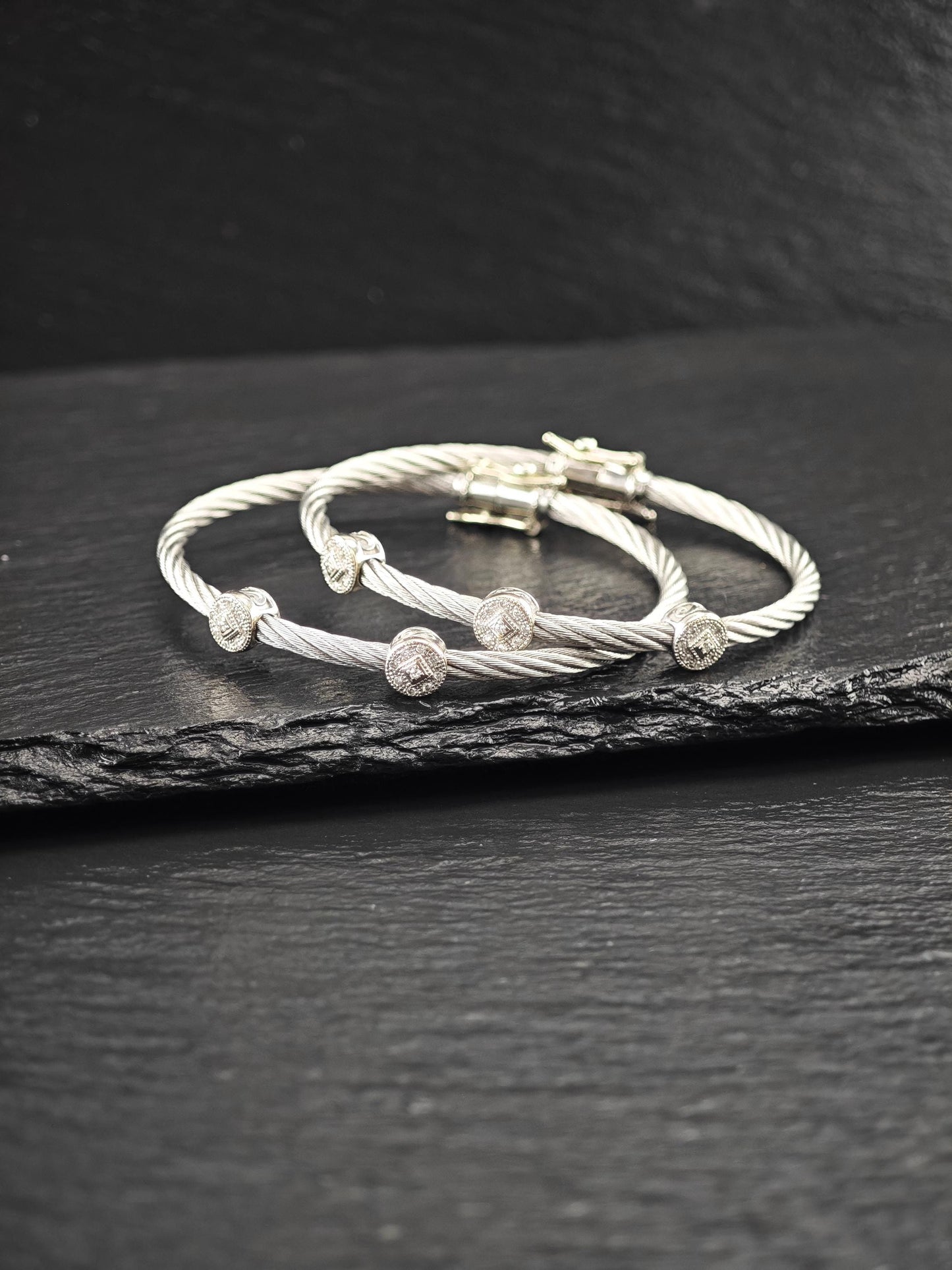 Set of two Charriol 18k Gold, Diamond Station Bangle Bracelet on Steel