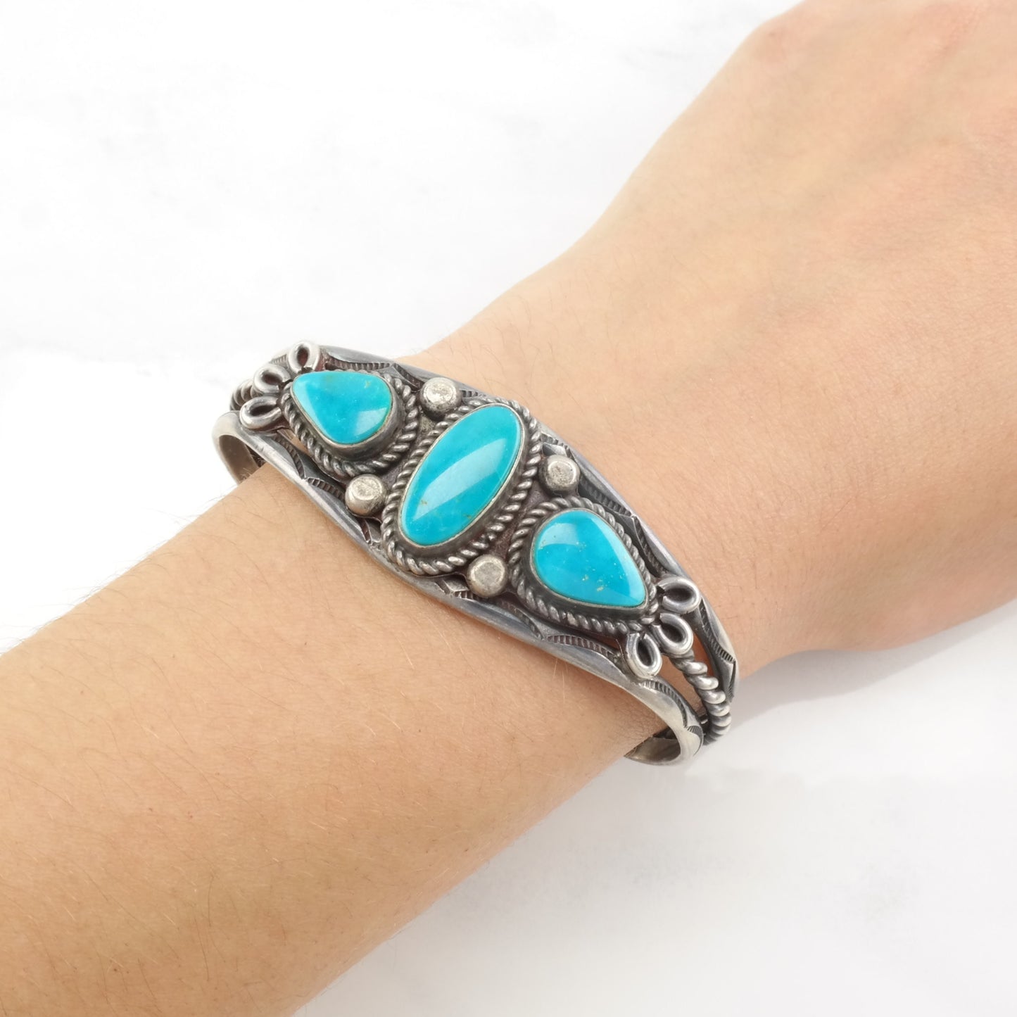 Native American Sterling Silver Cuff Bracelet Blue Turquoise Three Stone