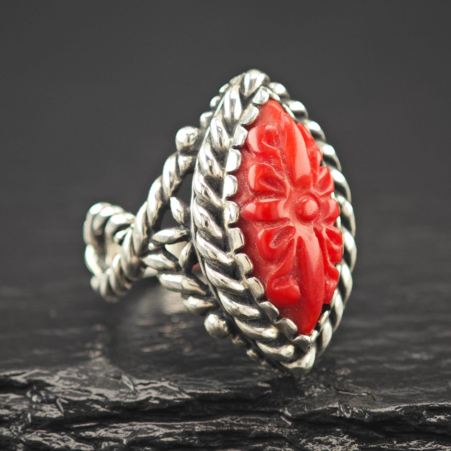 Carolyn Pollack Carved Red Floral Ring Sterling Silver