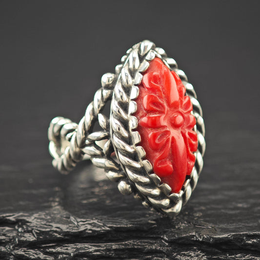 Carolyn Pollack Carved Red Floral Ring Sterling Silver