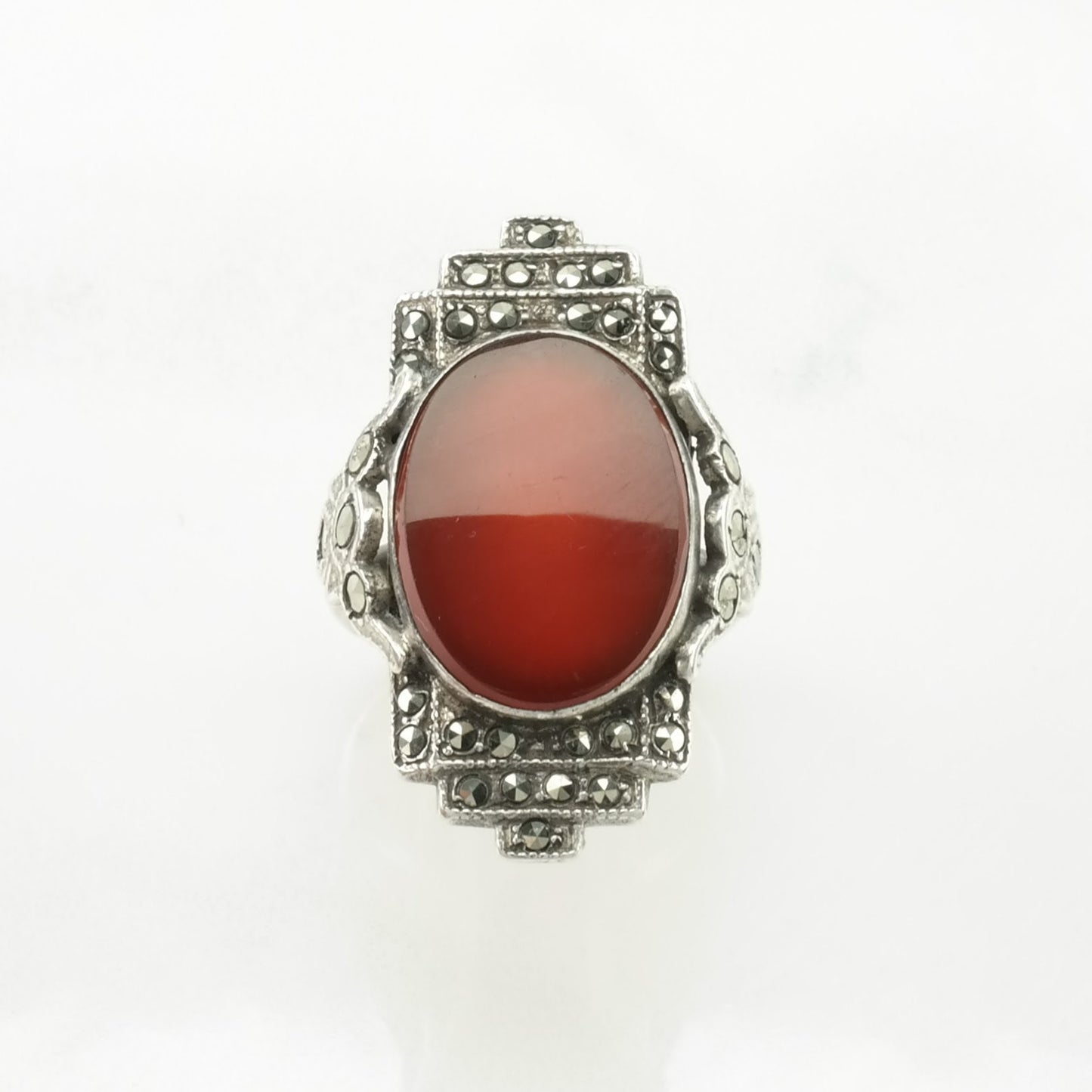 Art Deco Silver Ring Carnelian Marcasite Sterling Red Size 4 1/4