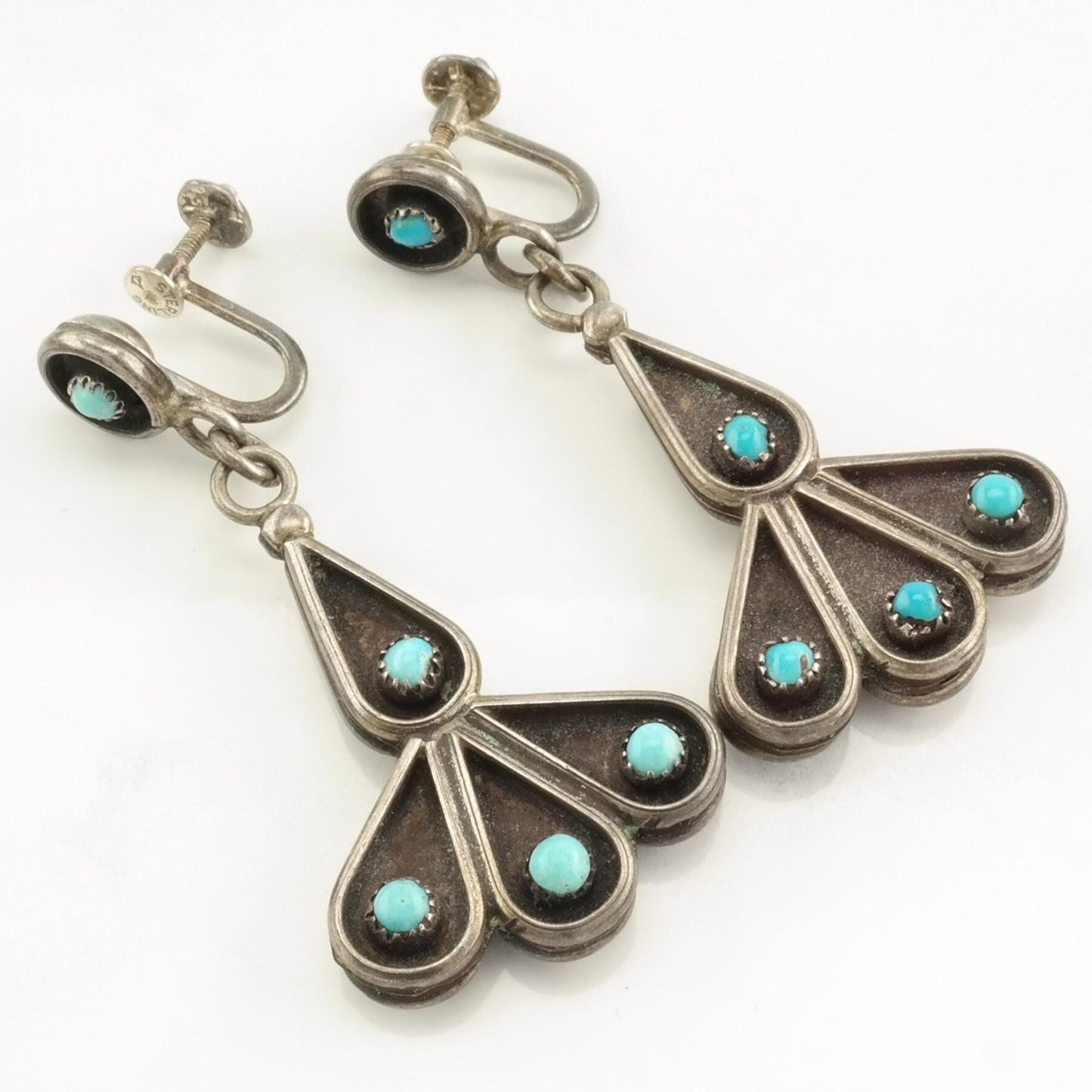 Sterling Silver Screw back Earrings Native Red, Blue Turquoise, Coral Reversible ER2582