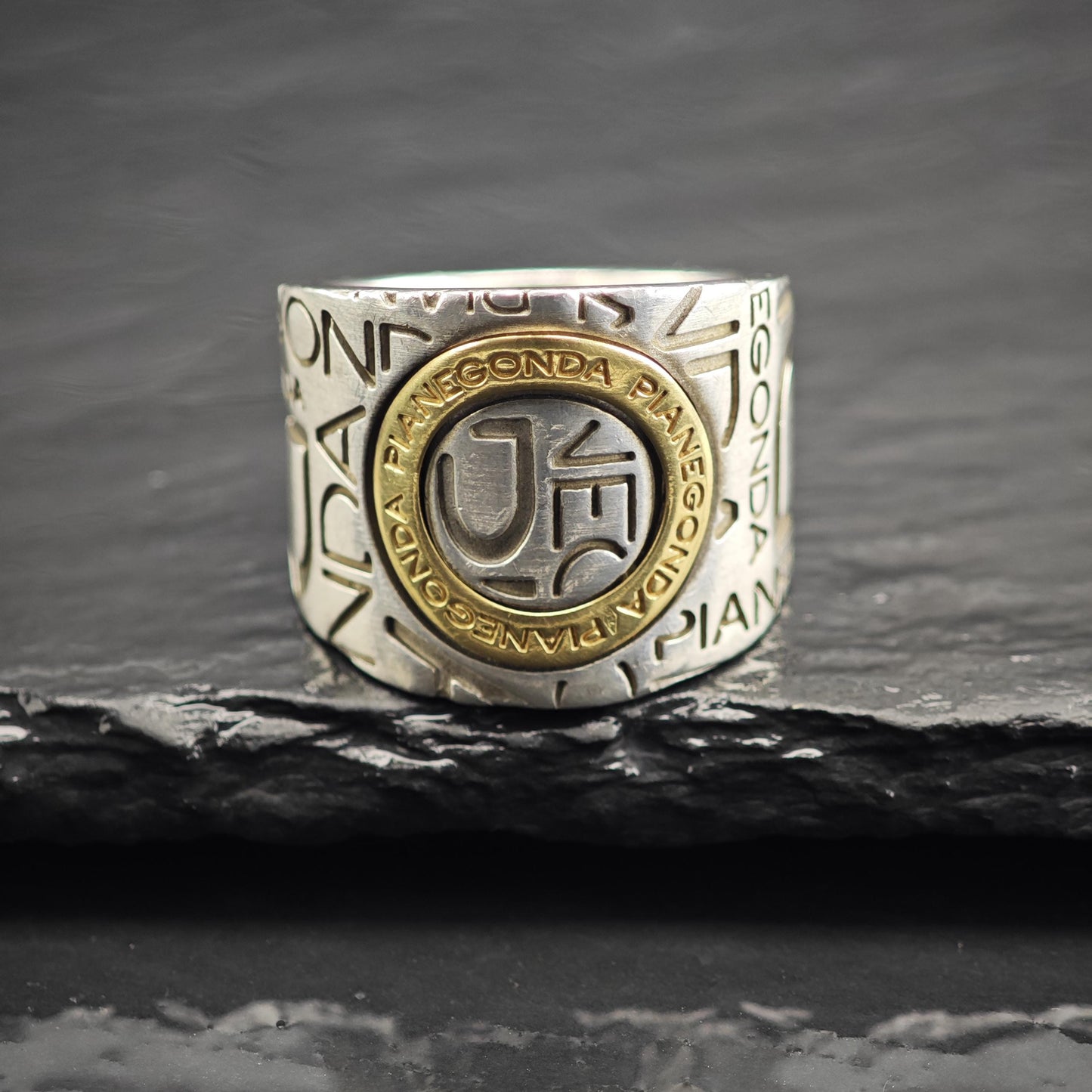 Pianegonda Gold Accent Stamped Design Sterling Silver Ring Sz 8 1/2 R6642