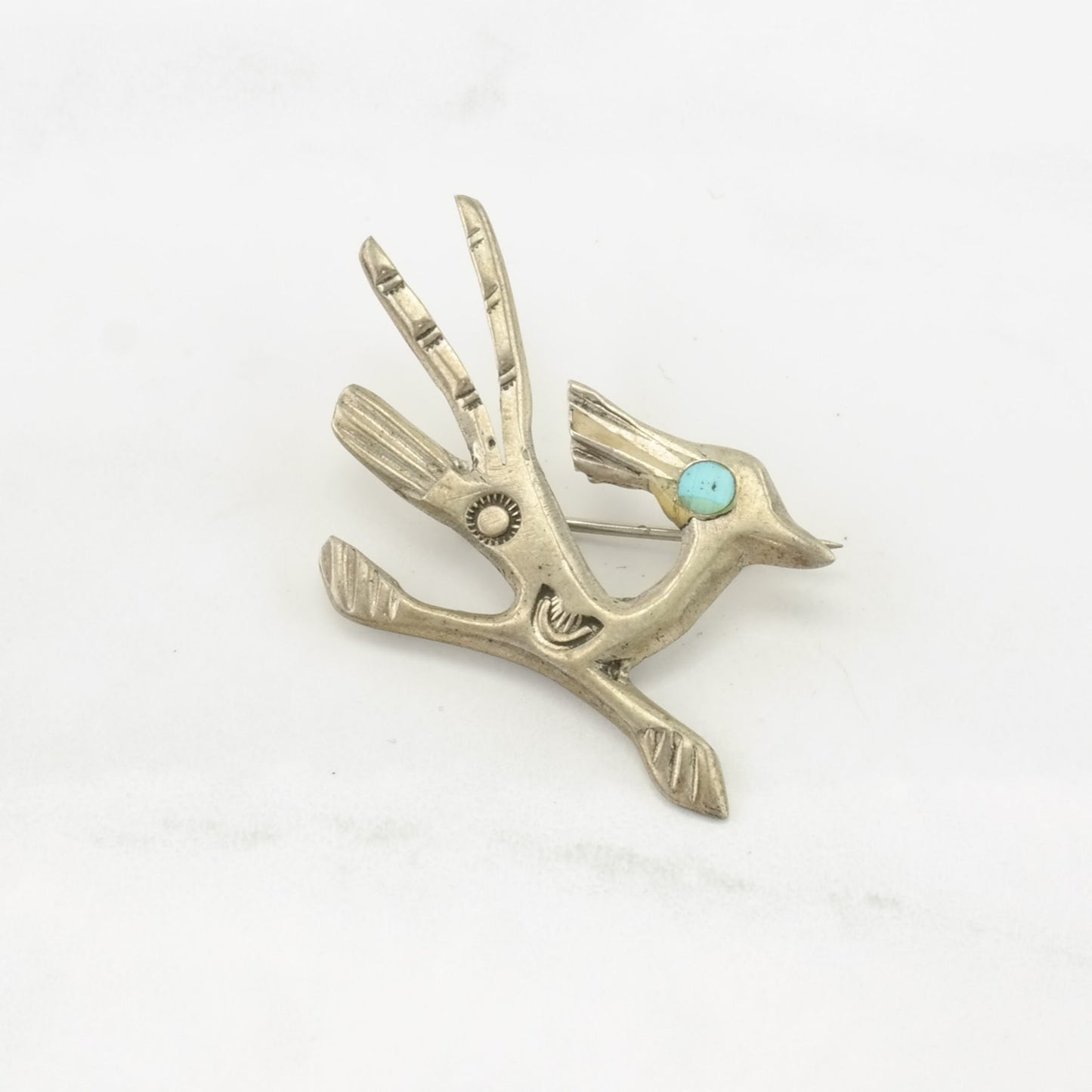 Vintage Southwest Sterling Silver Brooch Roadrunner Blue Turquoise