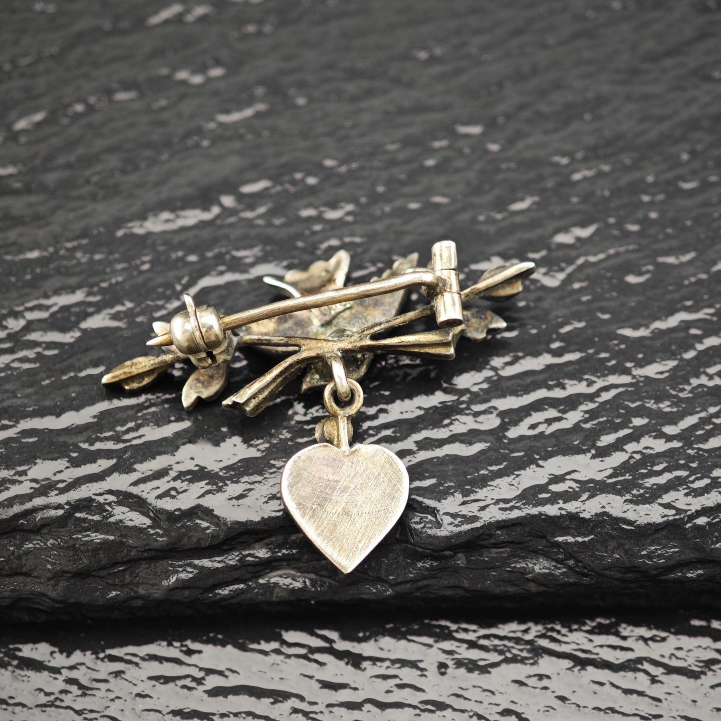 Victorian, Antique Bird, Heart Blue, Green Turquoise, Pink Ruby Brooch Sterling Silver