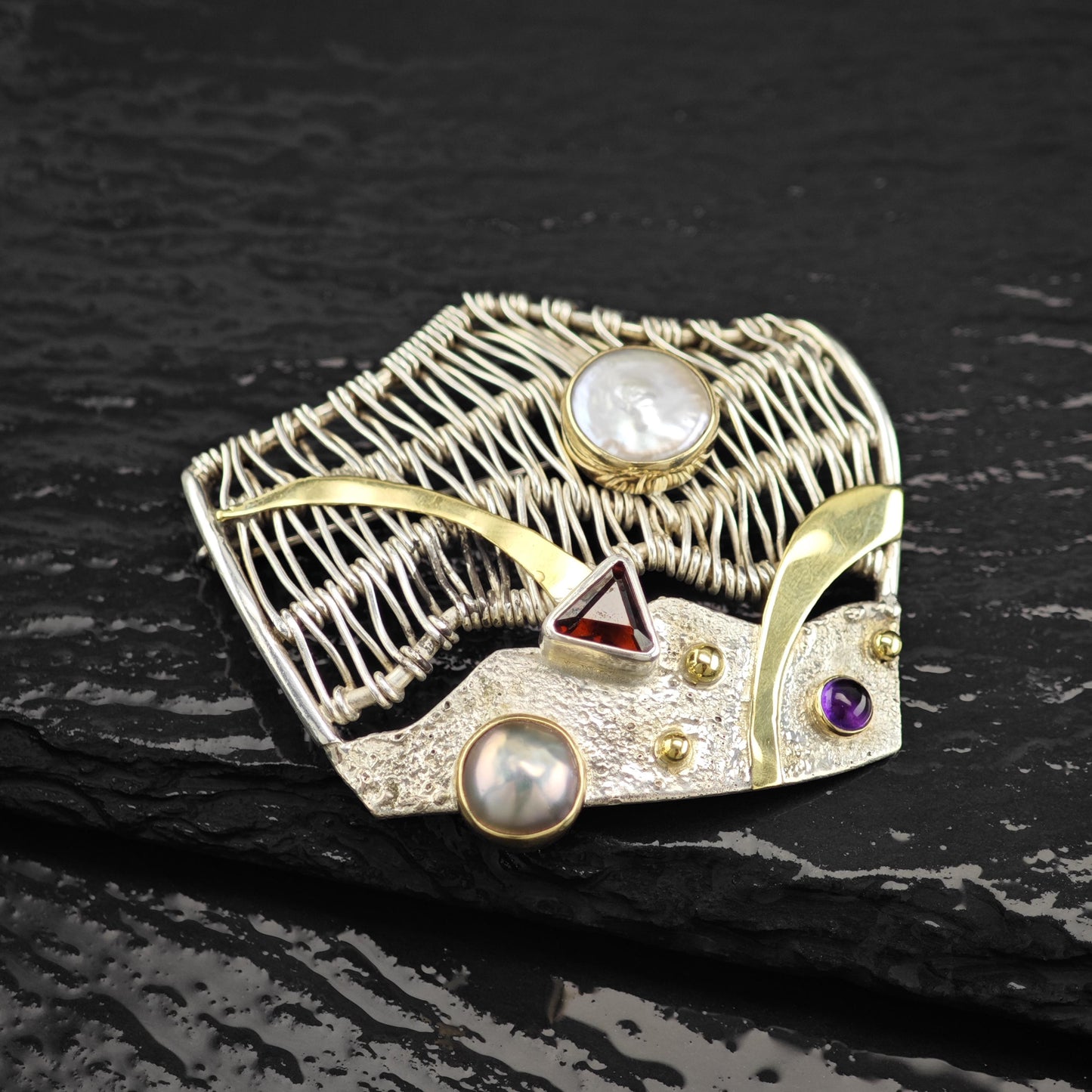 Sterling Silver Abstract Brooch with Multi-Color Pearls MOP Garnet Amethyst