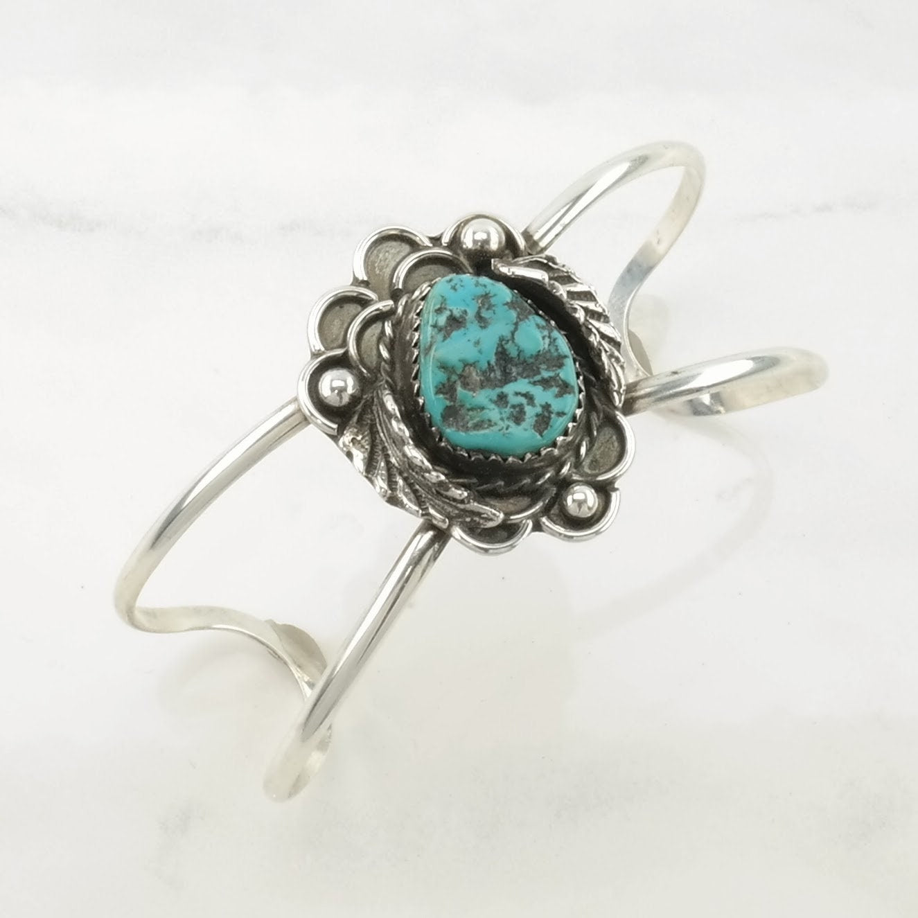 Southwest Sterling Silver Cuff Bracelet Blue Turquoise Leaf