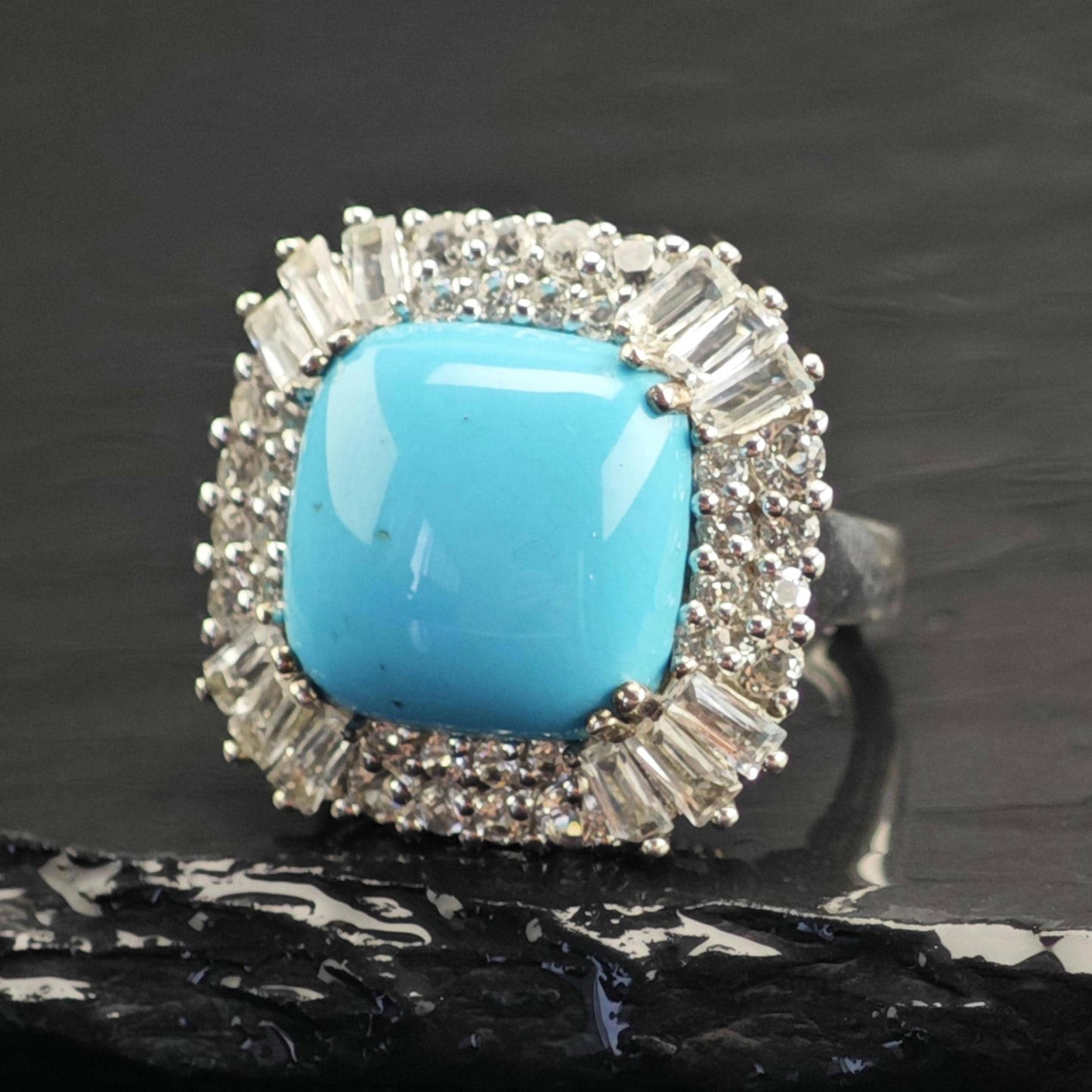Square Turquoise Topaz Princess Diana Sterling Silver Ring Sz 7 R6735