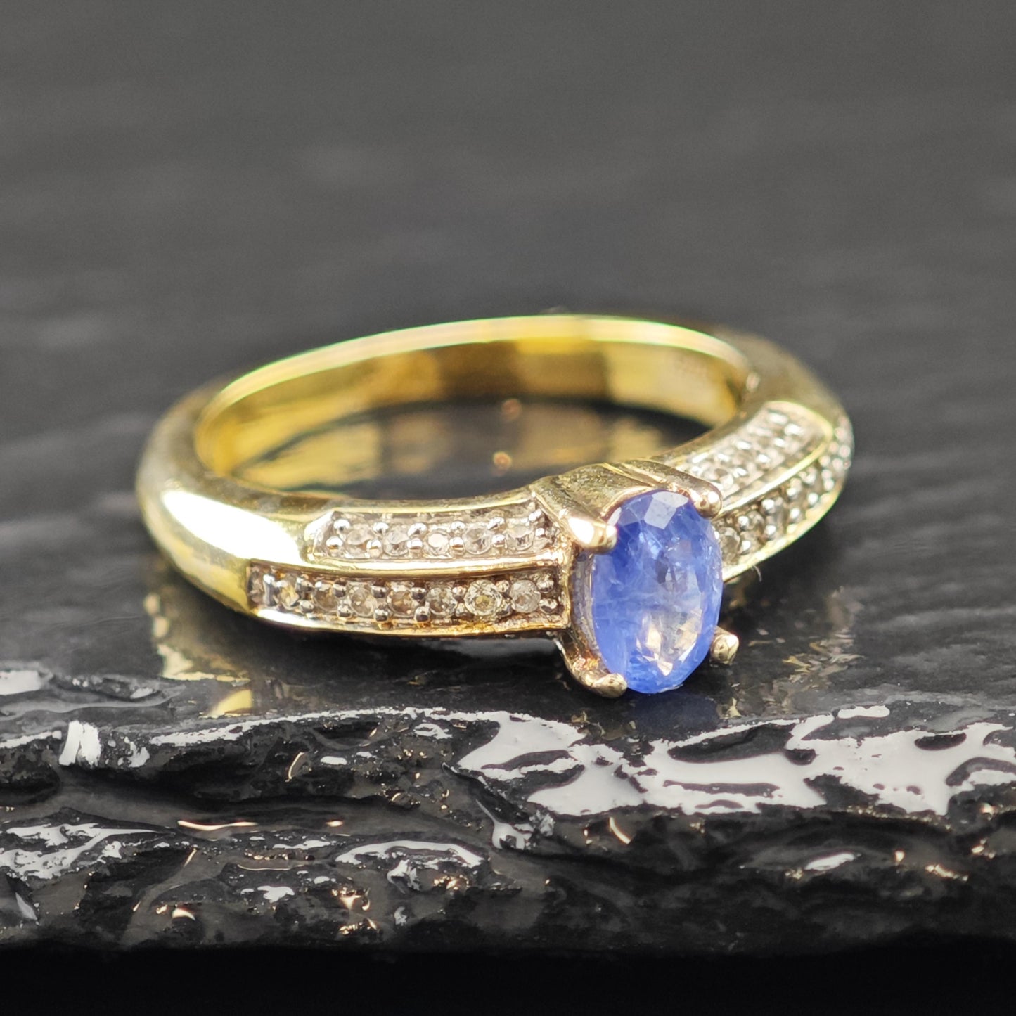 Natural Blue Sapphire 14K Gold Plated Ring Sterling Silver Sz 5 R6163