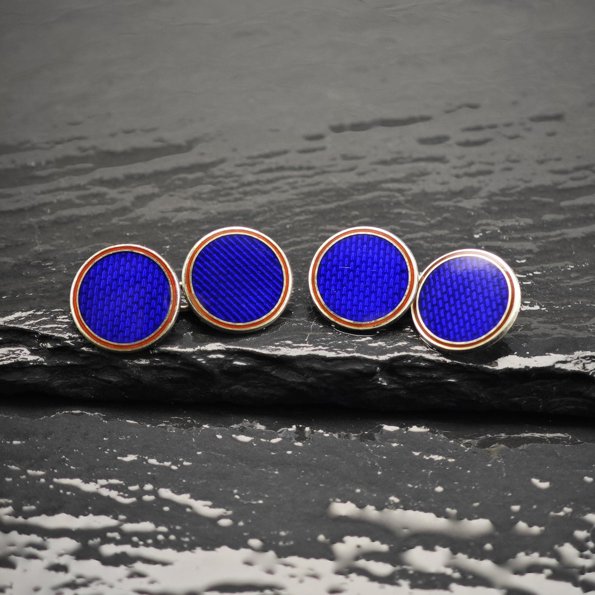 1986 Deakin Francis Guilloche Blue Enamel Sterling Silver Cufflinks MISC0435
