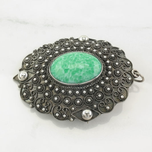 Green Peking Glass Brooch Pendant Filigree Sterling Silver