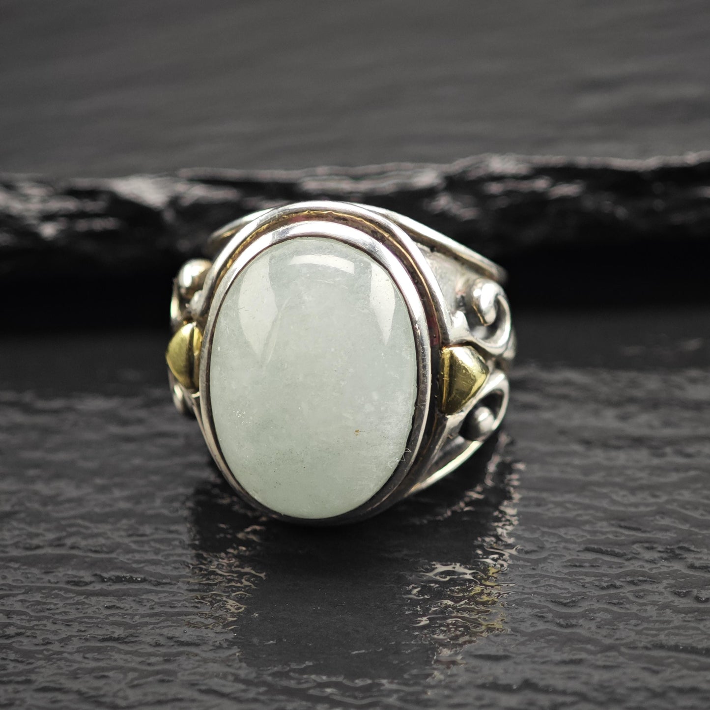 BJC Aquamarine Cabochon 18K Gold Accent Sterling Silver Ring Sz 5 1/4 R6690