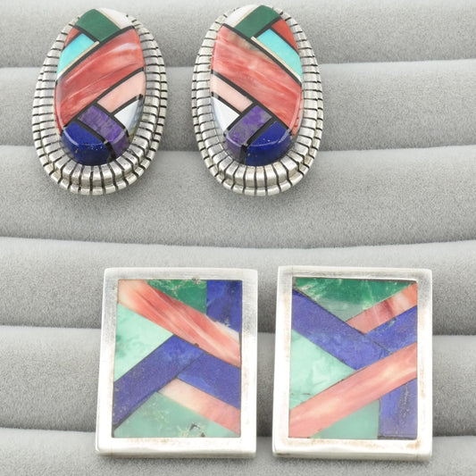 Vintage Native American Inlay Stud Earrings Sterling Silver Turquoise Spiny Oyster Lapis