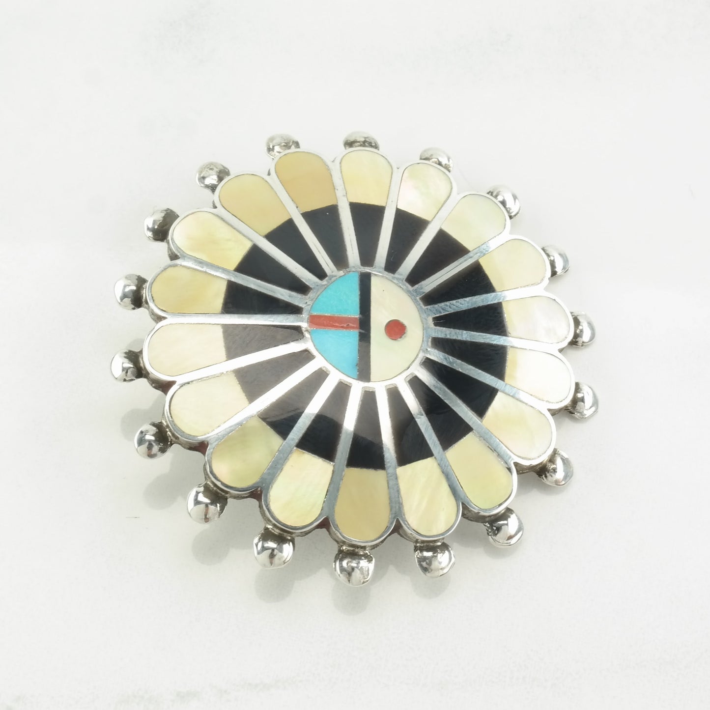 Zuni Sterling Silver Brooch Pendant Sunface MOP, Jet, Multi Gem Inlay