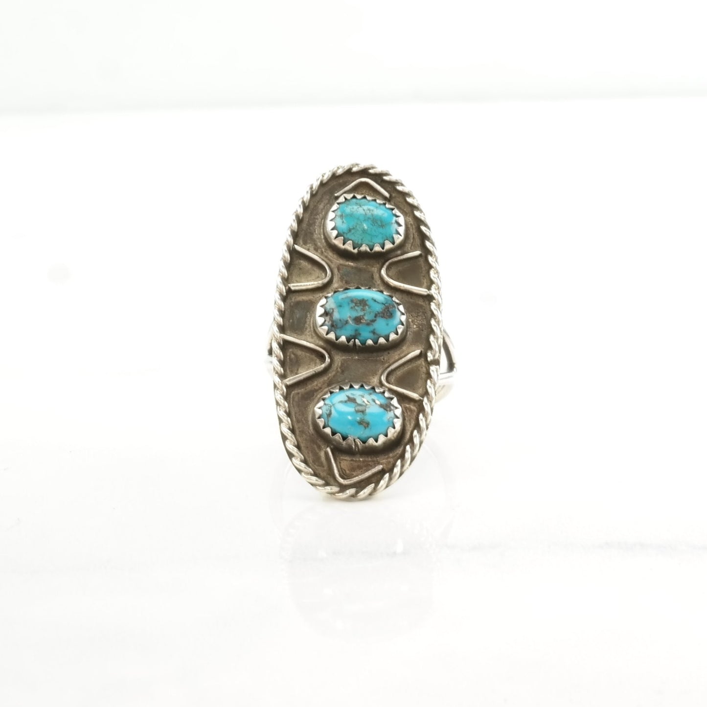 Native American Silver Ring Turquoise Three Stone, Shield Sterling Blue Size 8