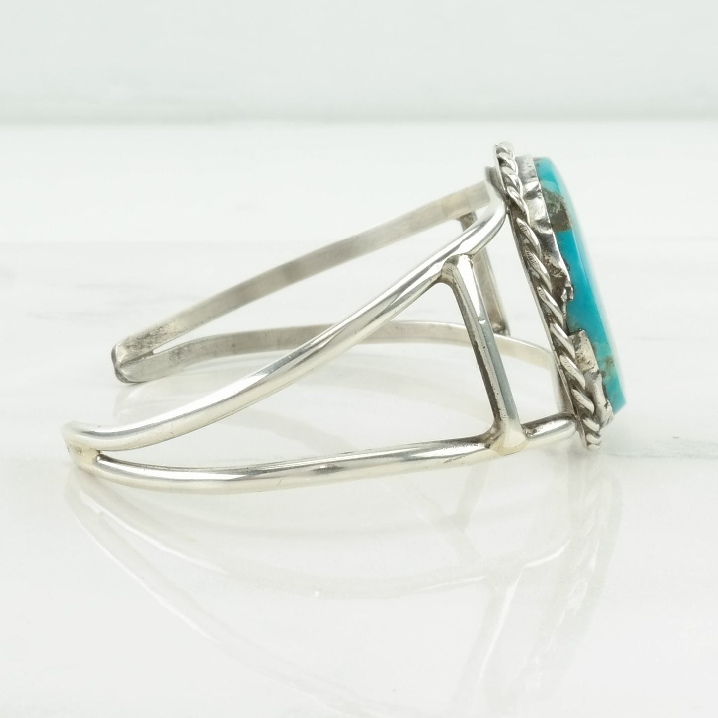 Southwest Sterling Silver Cuff Bracelet Blue Turquoise Rope Detail