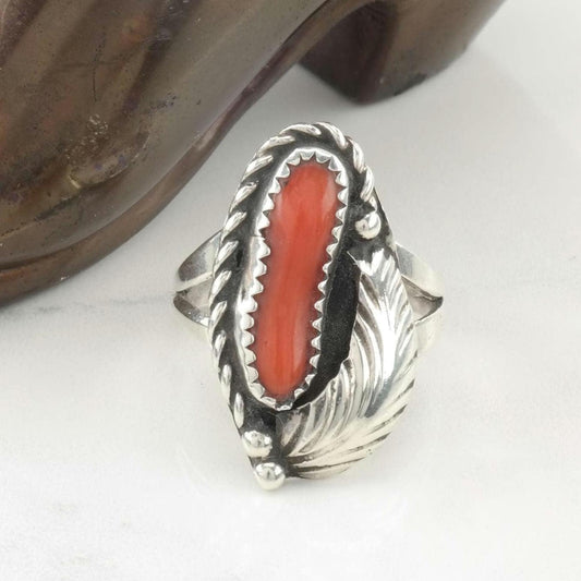 Native American Coral, Floral Sterling Silver Ring Size 6 1/2