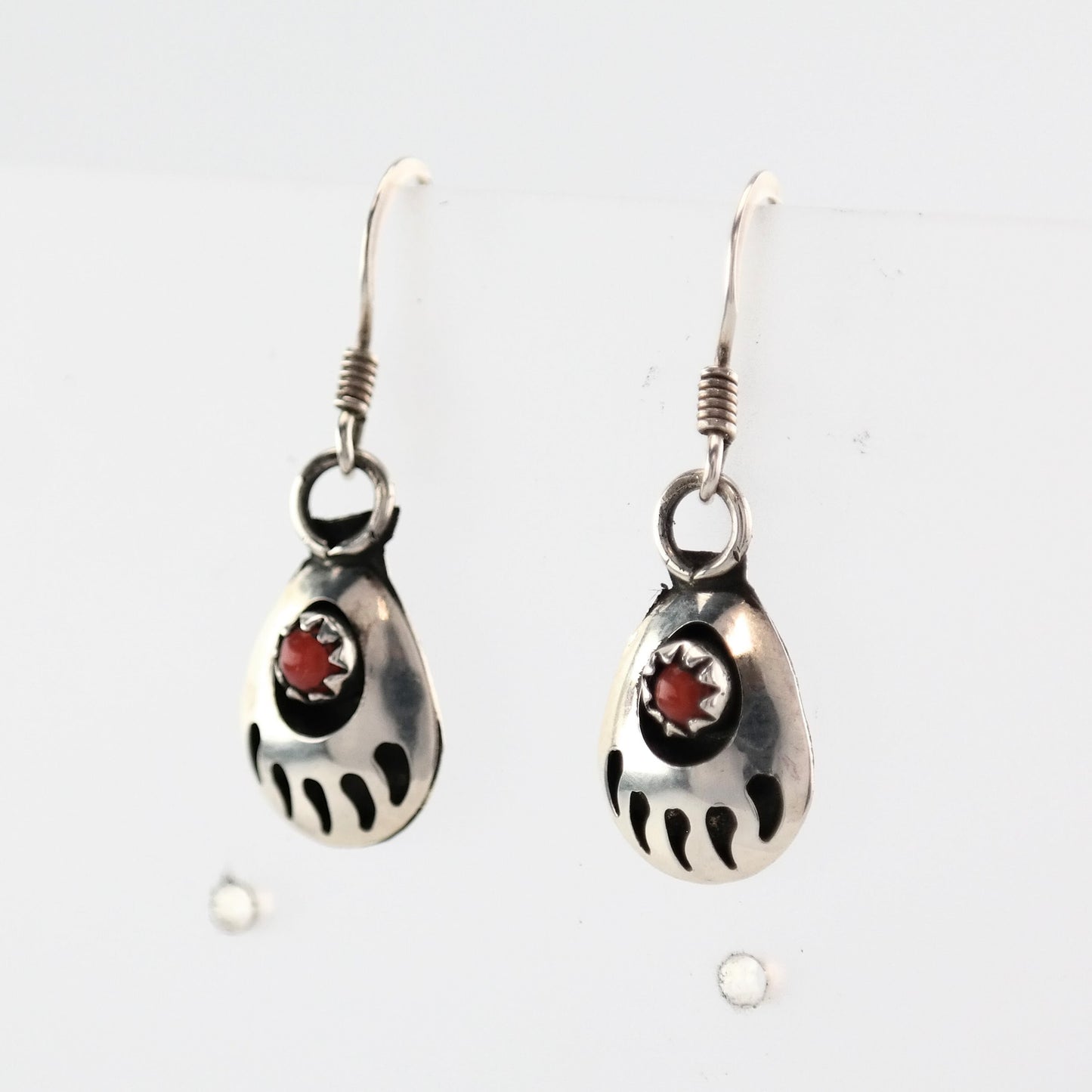 Native American Sterling Silver Coral Bear Paw Earrings Fish hook