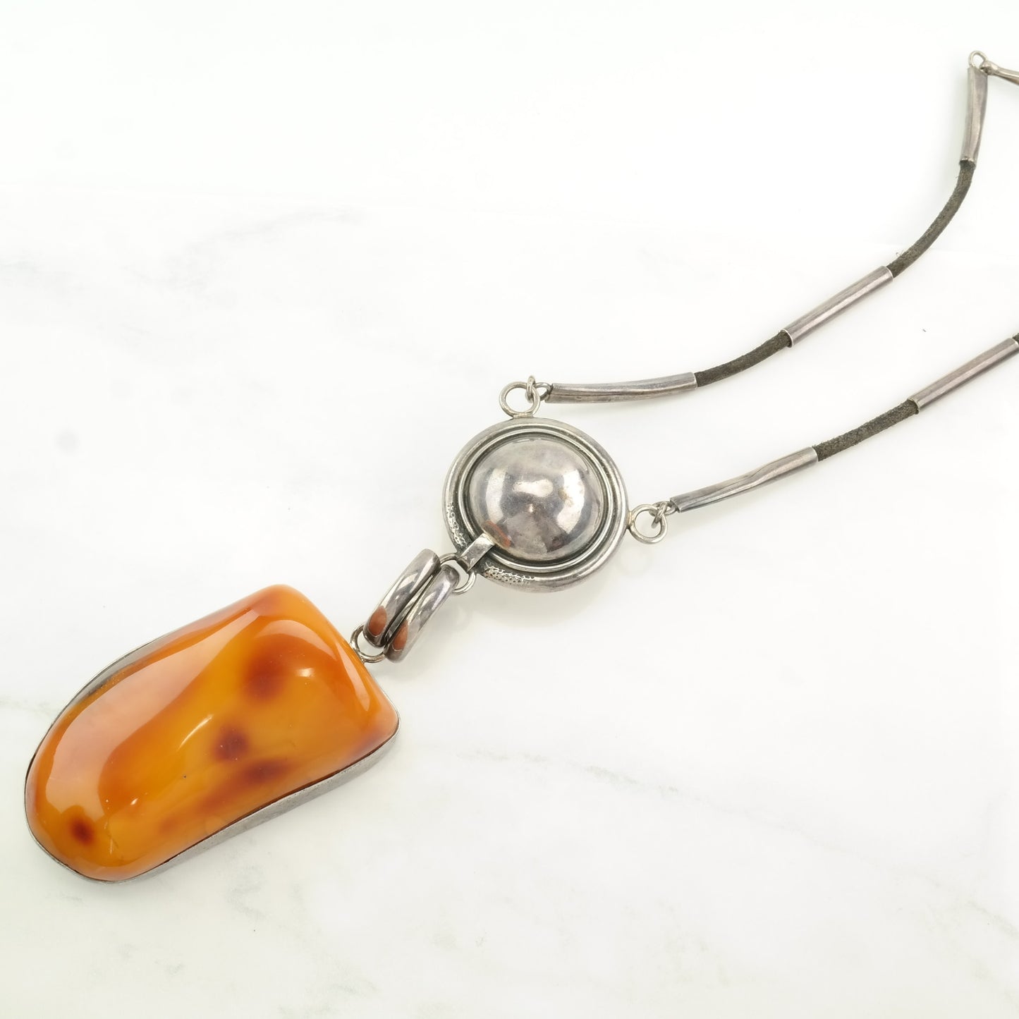 Sterling Silver Orange Amber, Boulder Leather Necklace