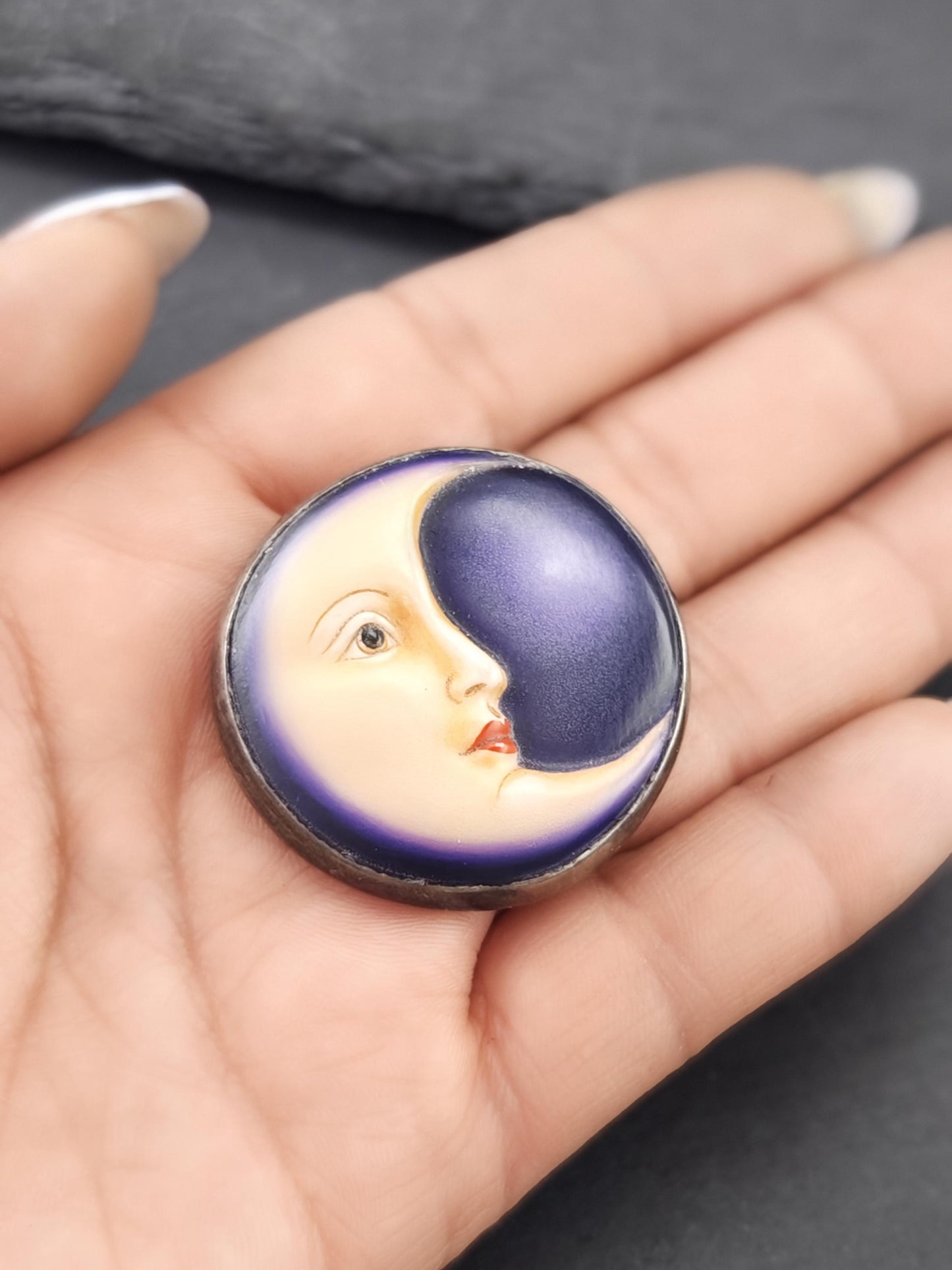 Sergio Bustamante Enamel, Moonface Brooch/Pendant Sterling Silver