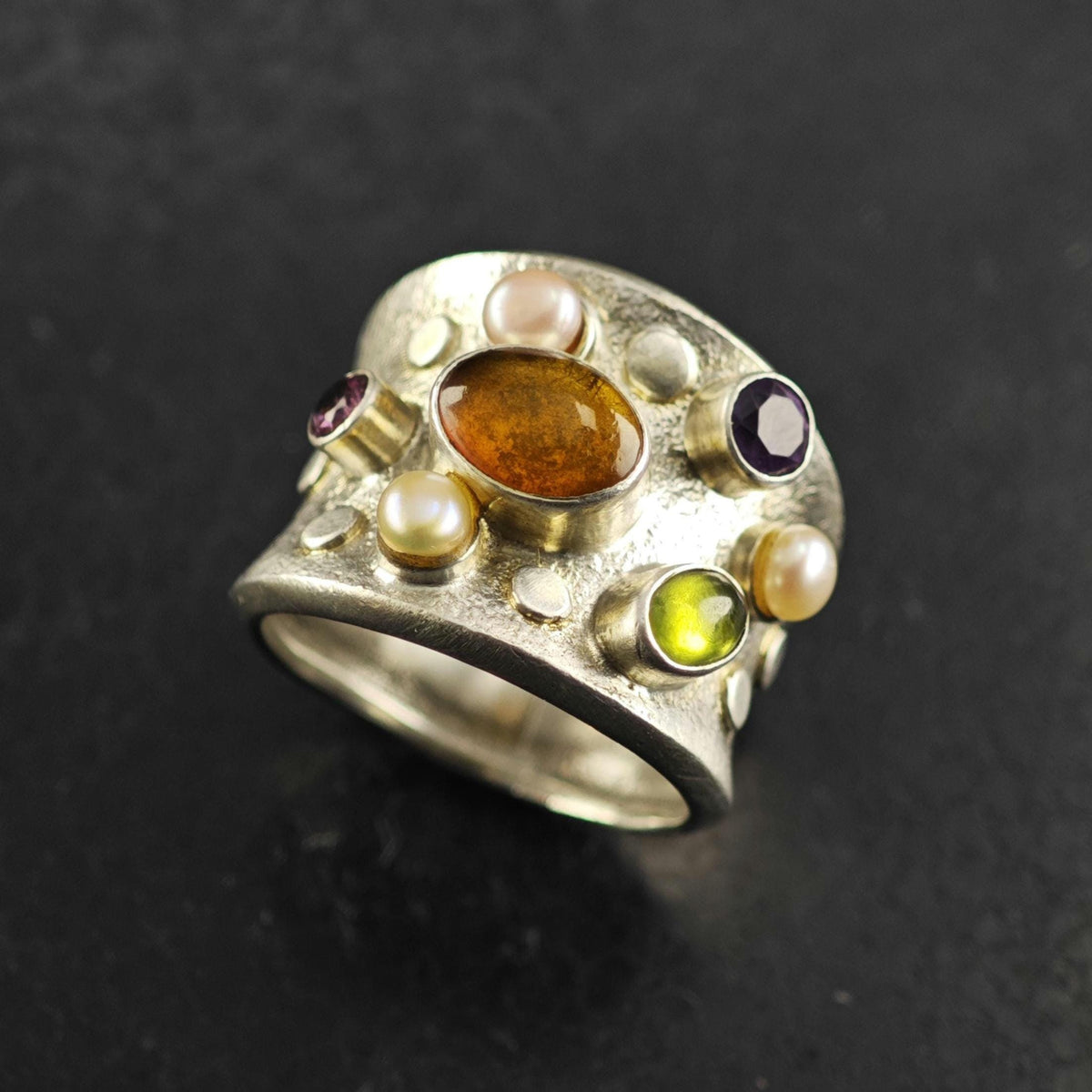 Multistone Abstract Band Sterling Silver Ring Sz 8 R6879