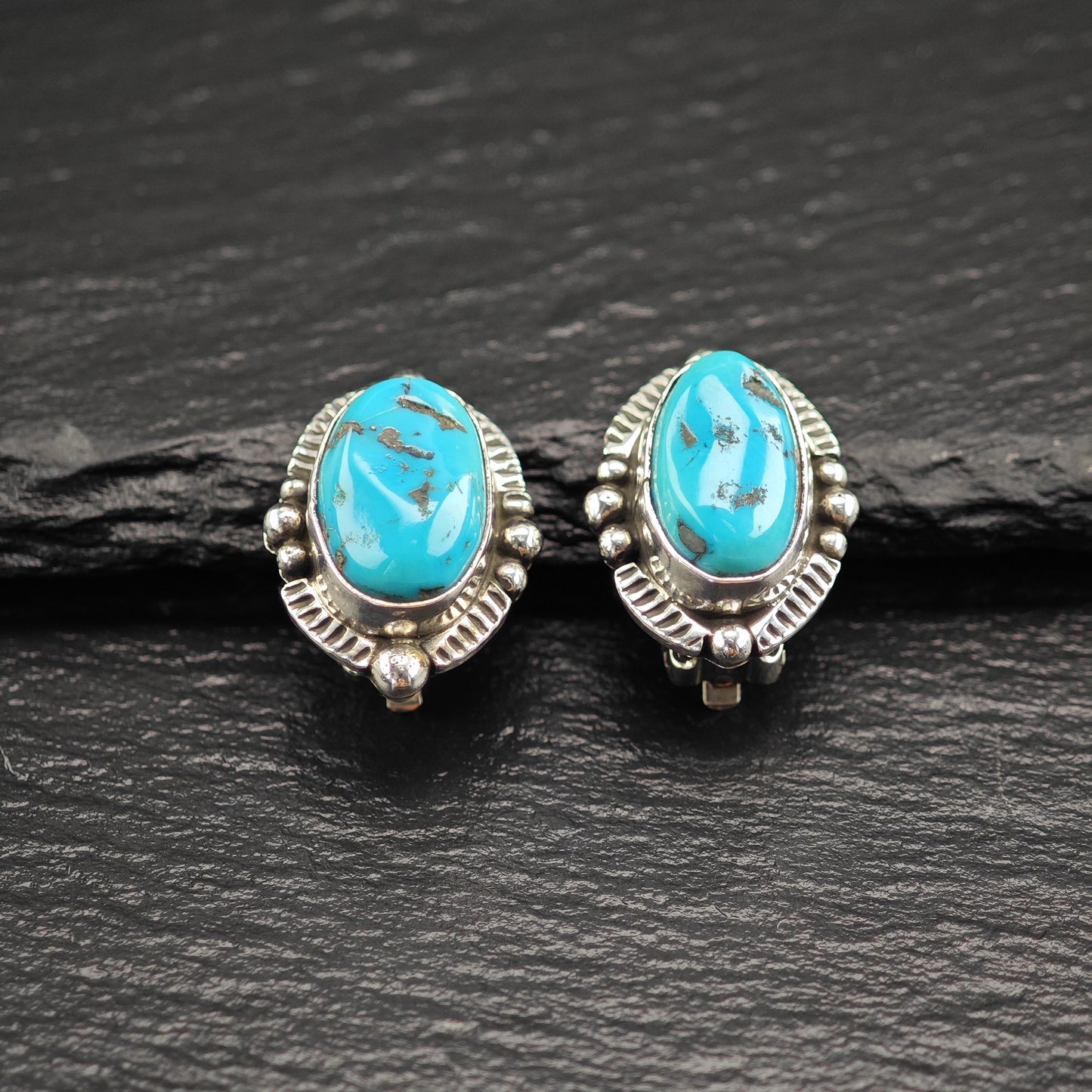 Native American Blue Turquoise Clip-On Earrings Sterling Silver Oval Design