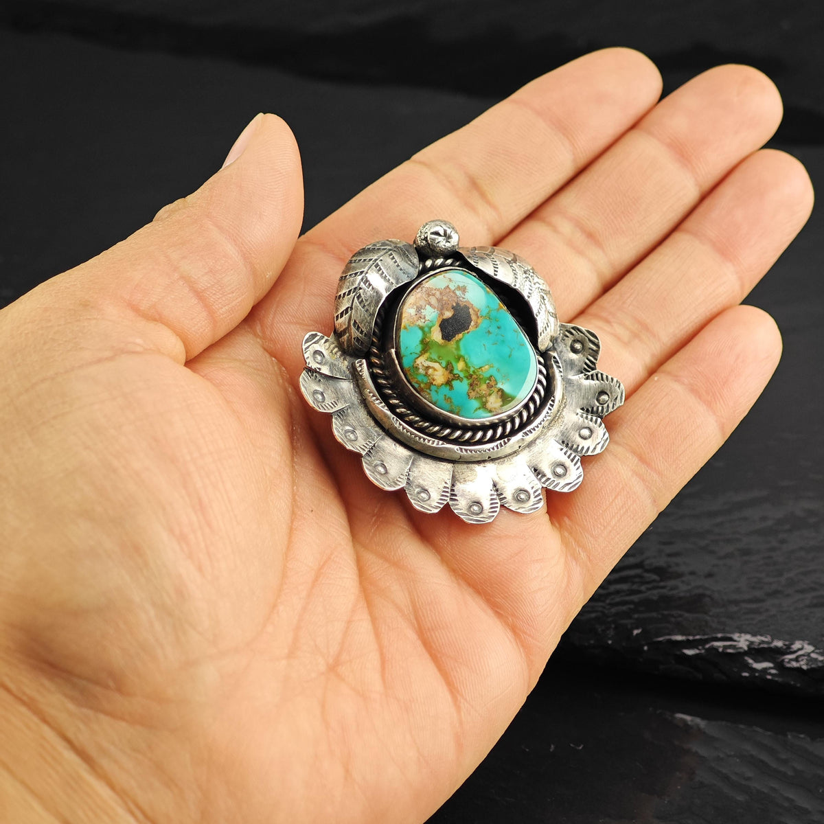 Royston Turquoise Feather Detailing Sterling Silver Pendant P3141