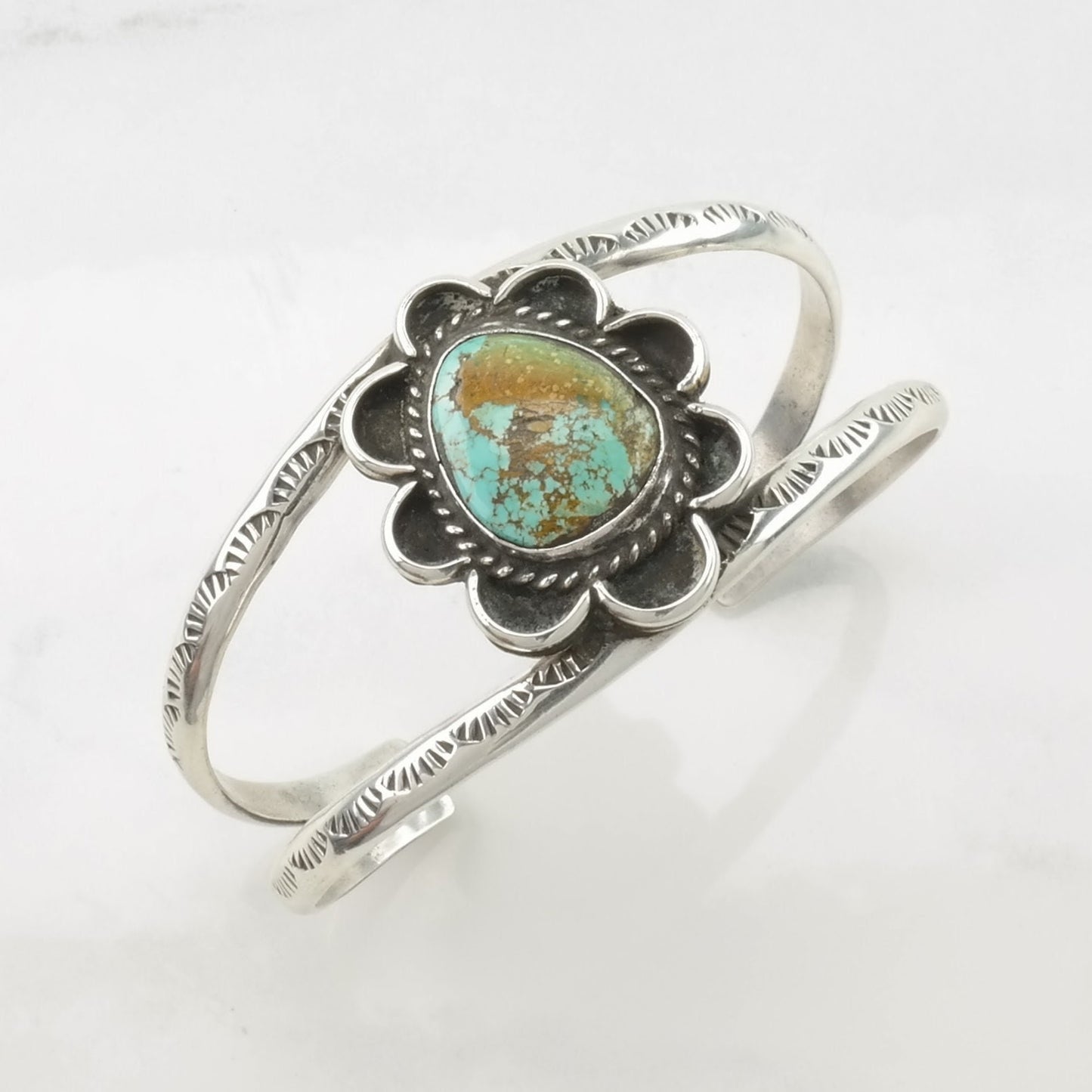 Southwest Sterling Silver Cuff Bracelet Blue Turquoise Floral