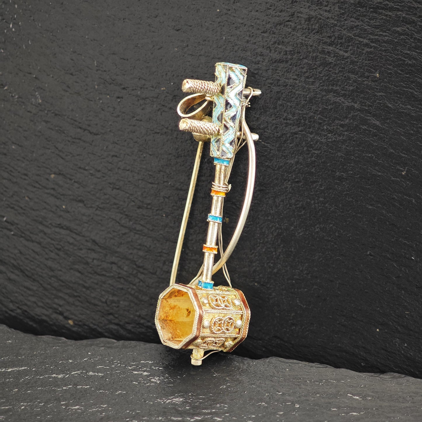 Chinese Export Erhu, Musical Instrument Enamel Brooch/Pendant Sterling Silver