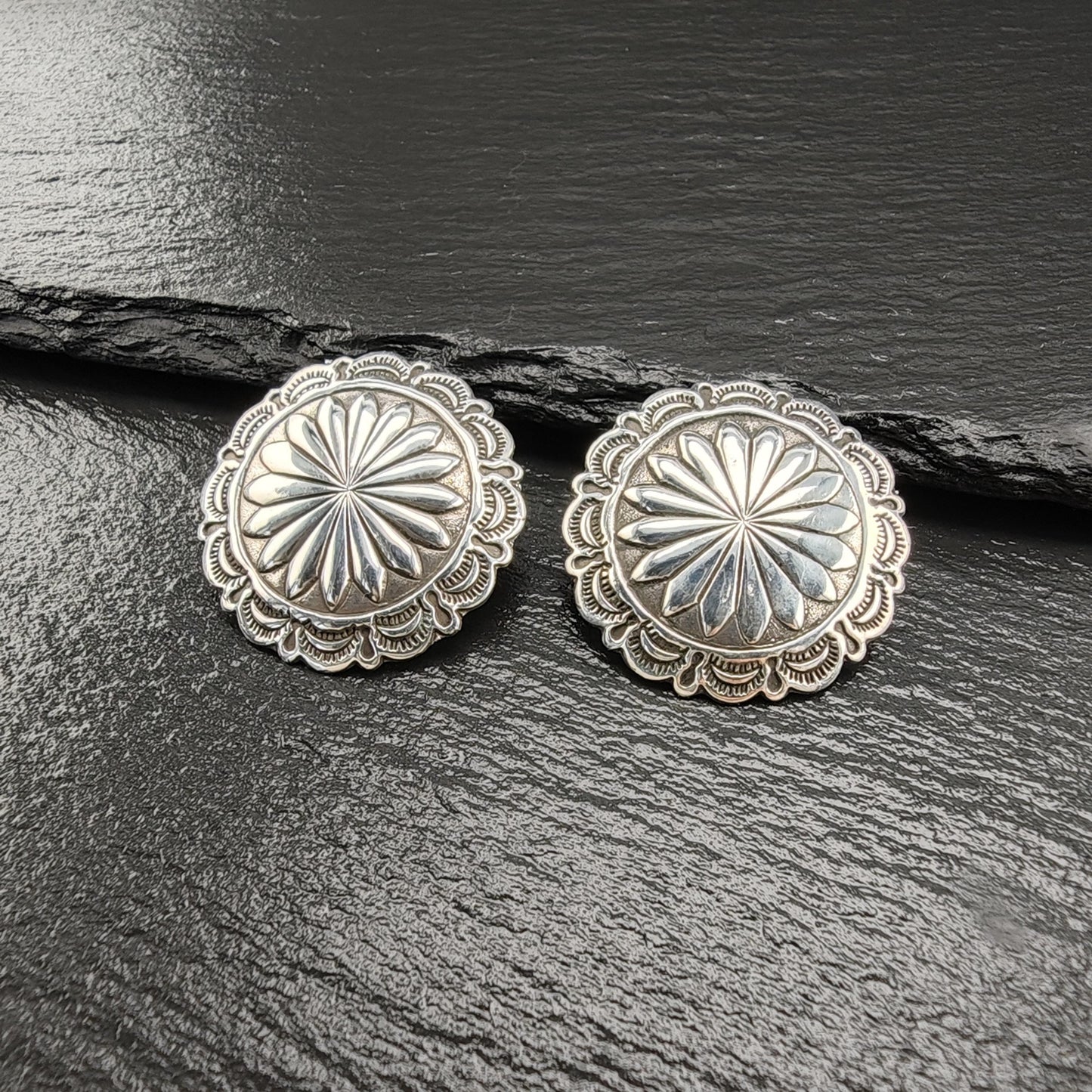 Vintage Concho Round, Shield Stud Earrings Sterling Silver