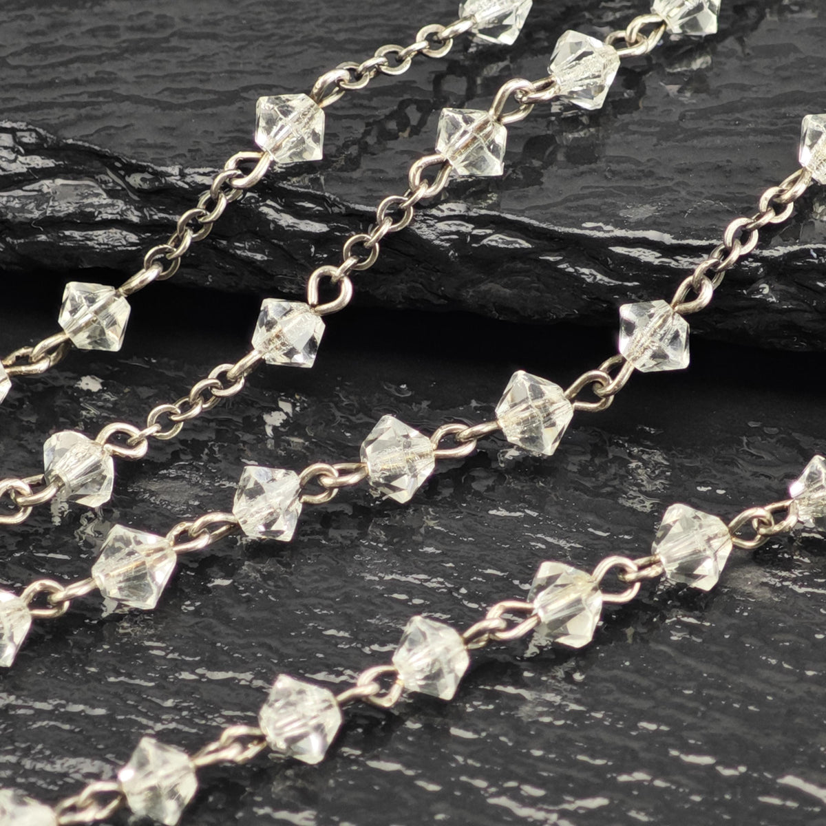 Vintage Clear Beaded Rosary Necklace Sterling Silver N2784
