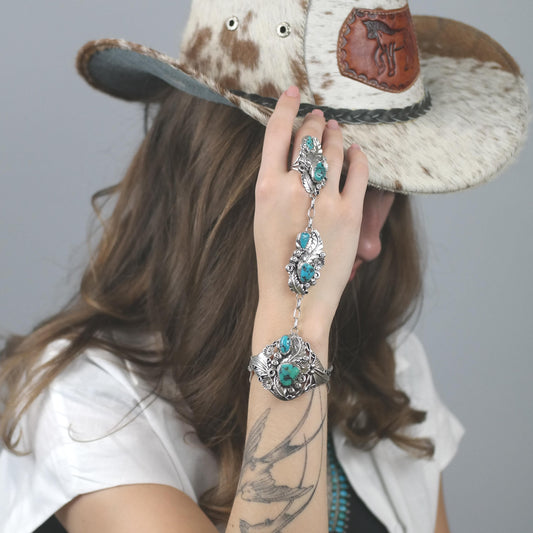 Native American Turquoise Floral Cuff Ring Bracelet Combo Sterling Silver