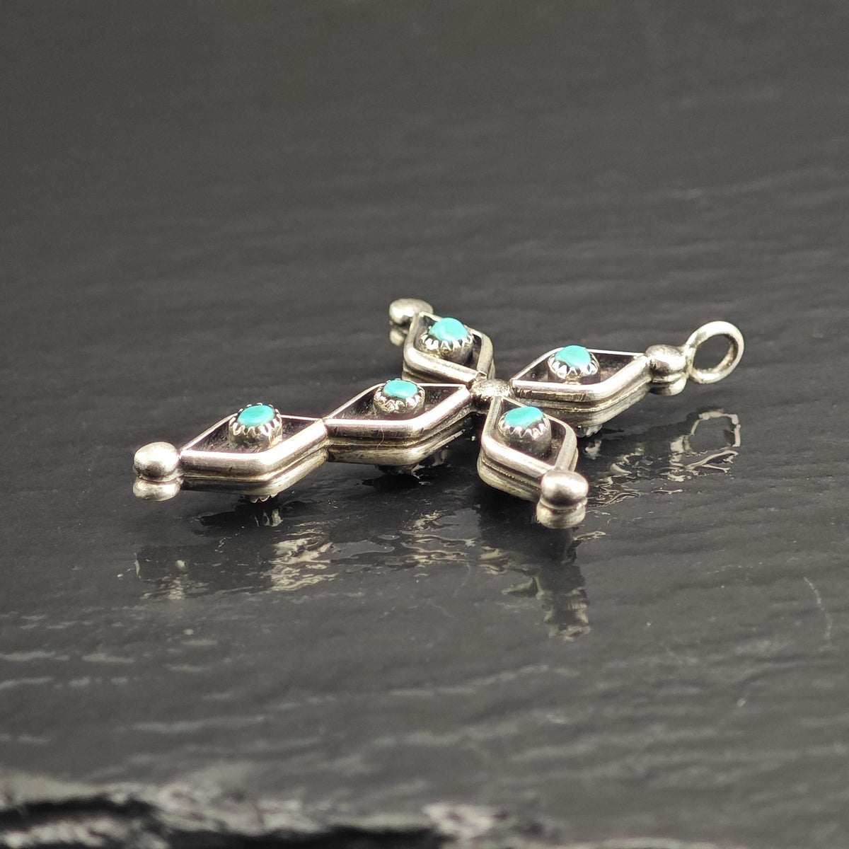 Reversible Zuni Turquoise, Coral Cross Sterling Silver Pendant P3143