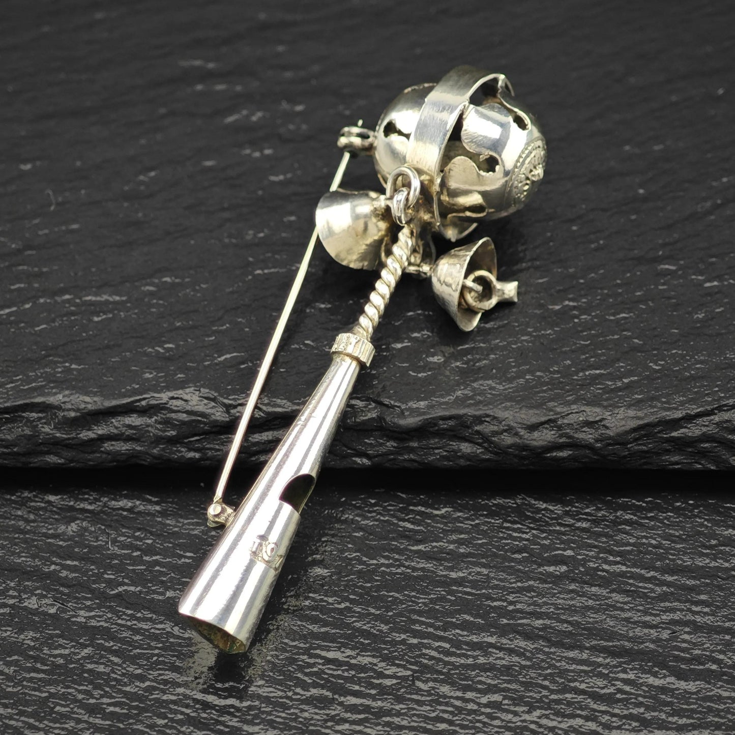 Vintage Old Sterling Silver Brooch Bells, Whistle