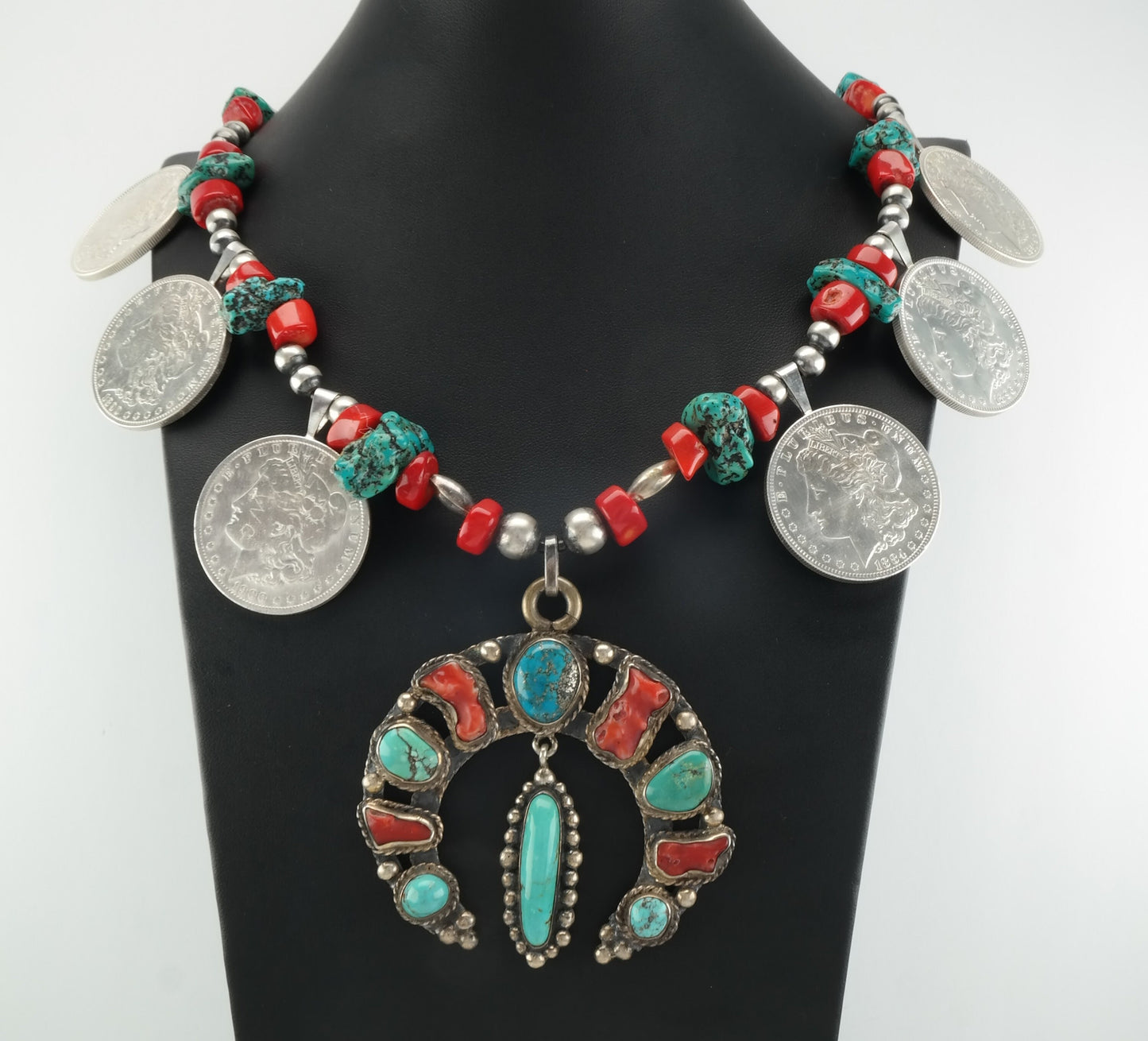 Iron Wolf Thompson Sterling Silver Turquoise, Coral, Morgan Dollars Squash Blossom Necklace