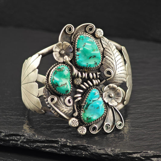 Native American Blue Turquoise Floral Cuff Bracelet Sterling Silver