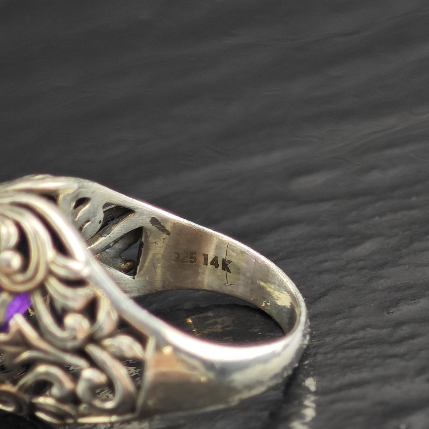 Amethyst 14k Gold Bezel Sterling Silver Ring Sz 6 R6571
