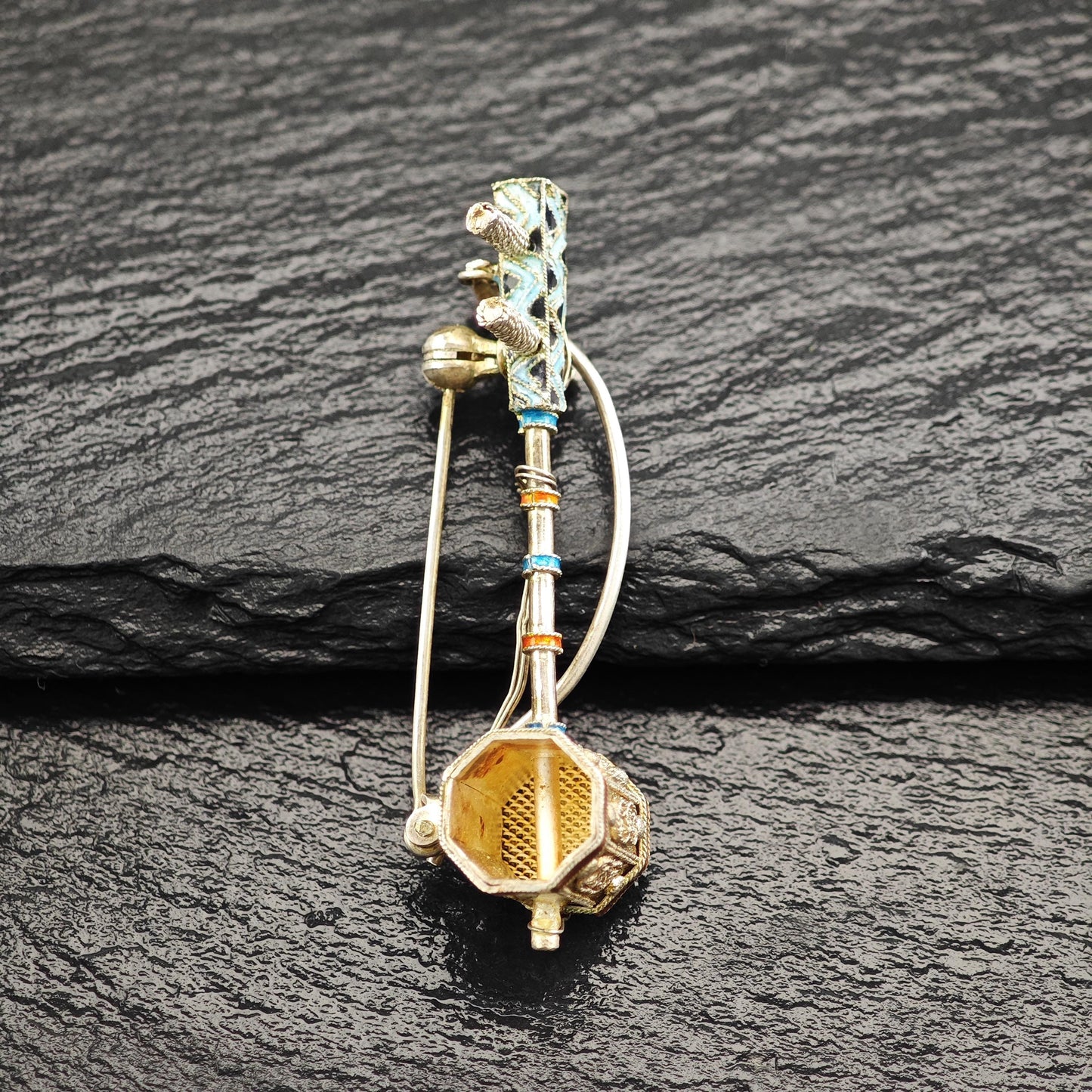 Chinese Export Erhu, Musical Instrument Enamel Brooch/Pendant Sterling Silver