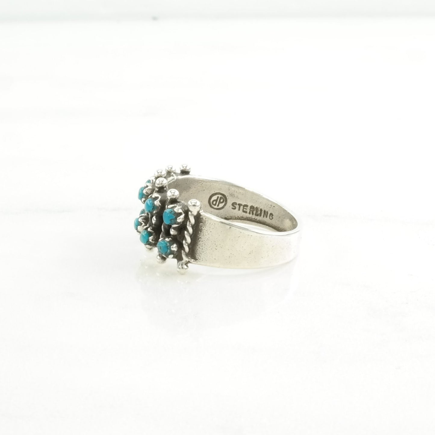 Southwest Silver Ring Turquoise Two Row Sterling Blue Size 6 3/4