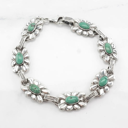 Fred Harvey Era Sterling Silver Link Bracelet Green Turquoise Floral