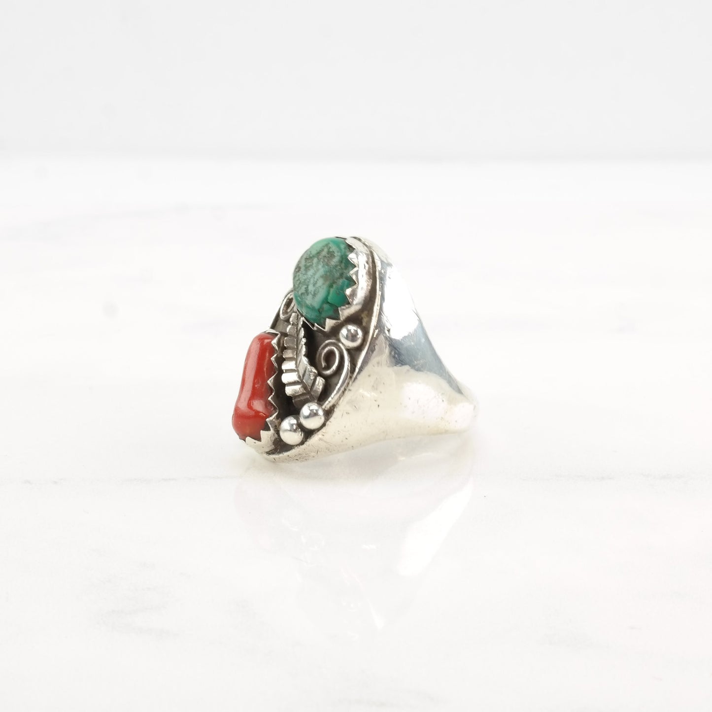 Native American Silver Ring Turquoise Coral Leaf Sterling Size 9 1/2