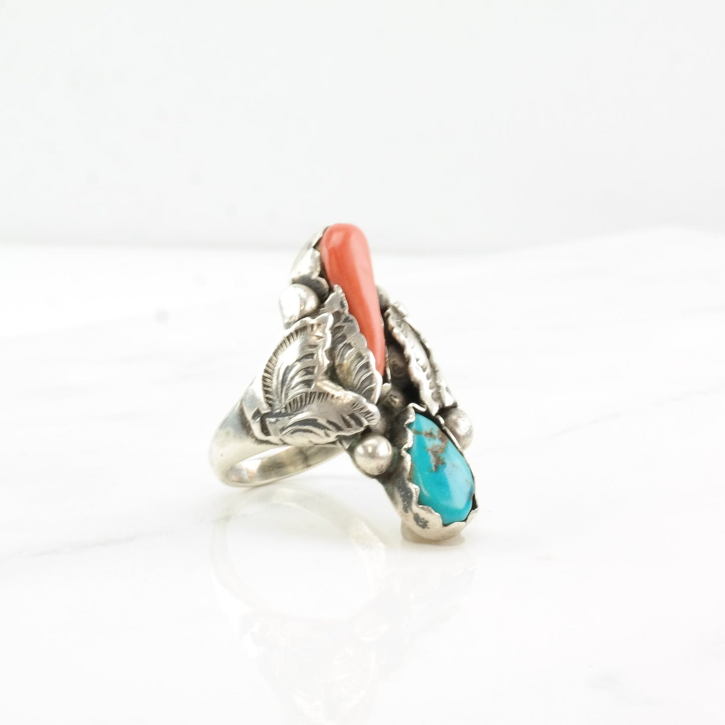 Zuni Sterling Silver Turquoise Coral Ring Native American