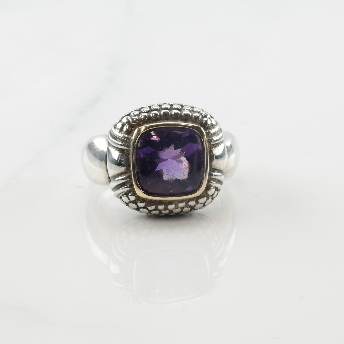 Vintage Sterling Silver & 18K Gold Ring with Purple Amethyst, Size 7.5